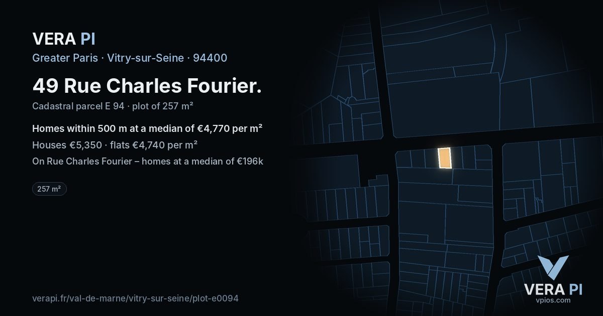 49 Rue Charles Fourier, Vitry-sur-Seine at night – the plot lit, the parcels around coloured by the prices near them