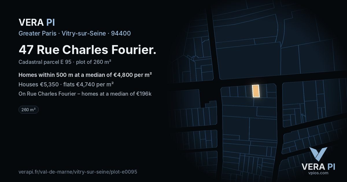 47 Rue Charles Fourier, Vitry-sur-Seine at night – the plot lit, the parcels around coloured by the prices near them