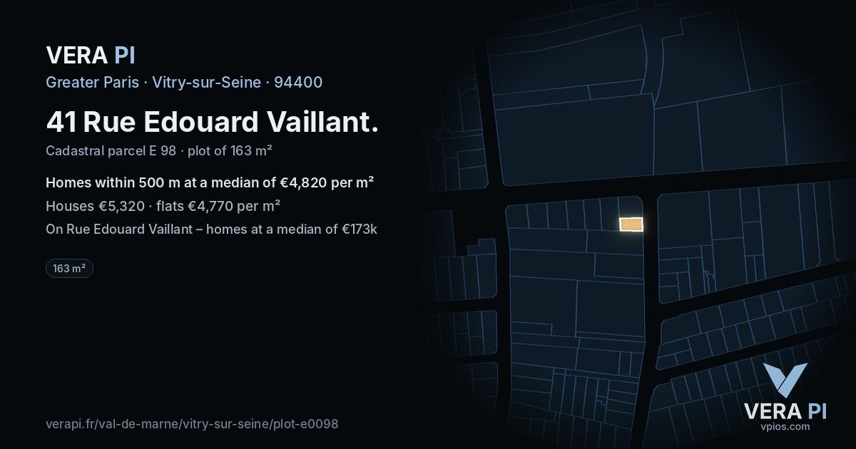 41 Rue Edouard Vaillant, Vitry-sur-Seine at night – the plot lit, the parcels around coloured by the prices near them