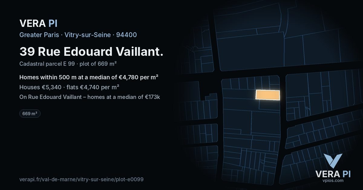 39 Rue Edouard Vaillant, Vitry-sur-Seine at night – the plot lit, the parcels around coloured by the prices near them