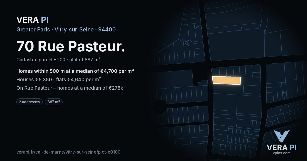 70 Rue Pasteur, Vitry-sur-Seine at night – the plot lit, the parcels around coloured by the prices near them