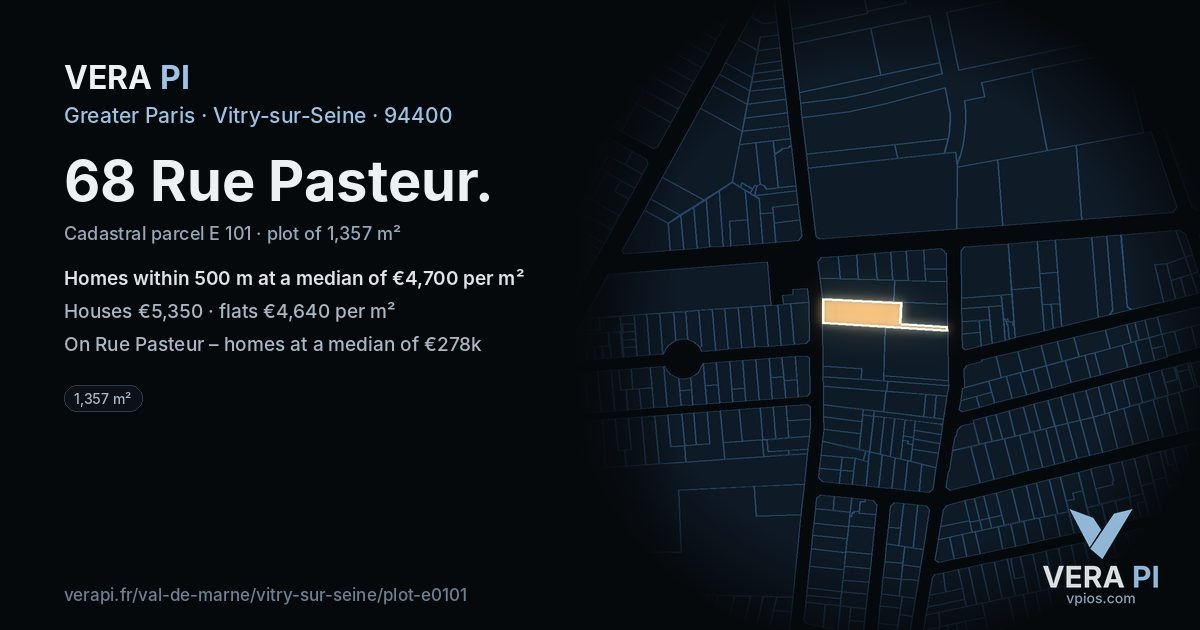 68 Rue Pasteur, Vitry-sur-Seine at night – the plot lit, the parcels around coloured by the prices near them