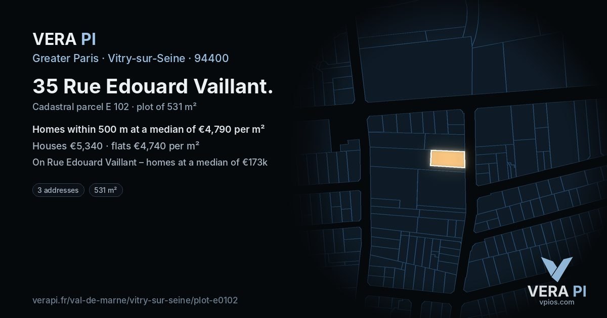 35 Rue Edouard Vaillant, Vitry-sur-Seine at night – the plot lit, the parcels around coloured by the prices near them