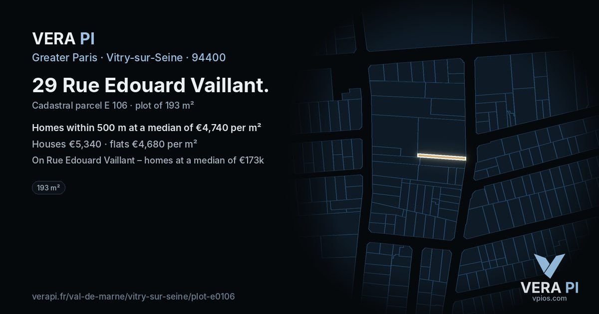 29 Rue Edouard Vaillant, Vitry-sur-Seine at night – the plot lit, the parcels around coloured by the prices near them