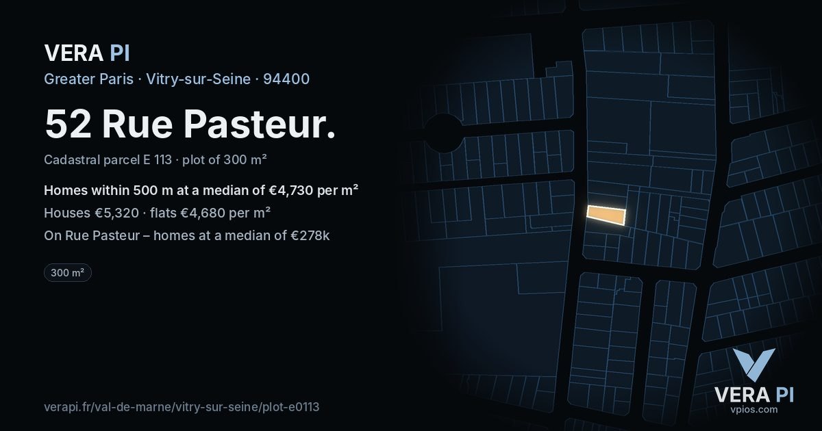 52 Rue Pasteur, Vitry-sur-Seine at night – the plot lit, the parcels around coloured by the prices near them