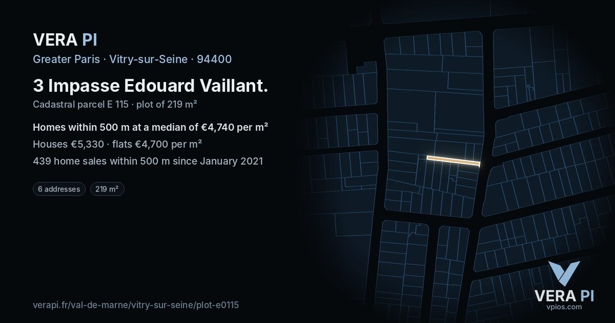 3 Impasse Edouard Vaillant, Vitry-sur-Seine at night – the plot lit, the parcels around coloured by the prices near them