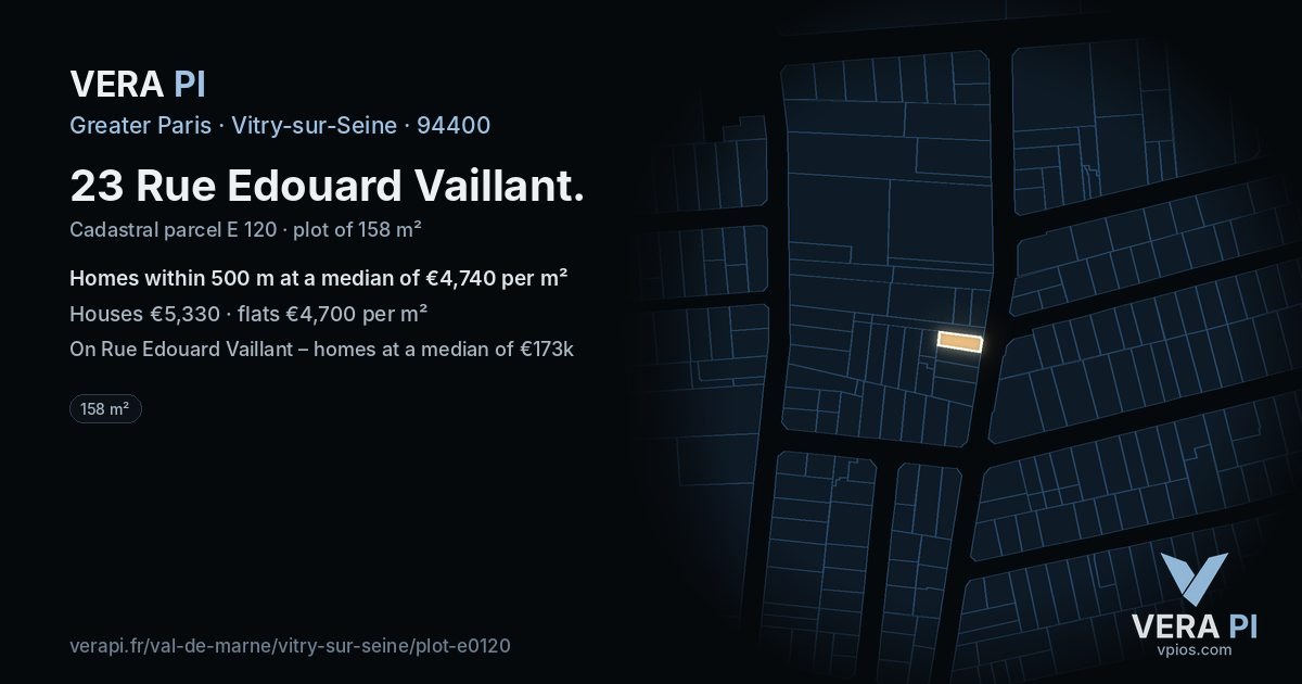 23 Rue Edouard Vaillant, Vitry-sur-Seine at night – the plot lit, the parcels around coloured by the prices near them