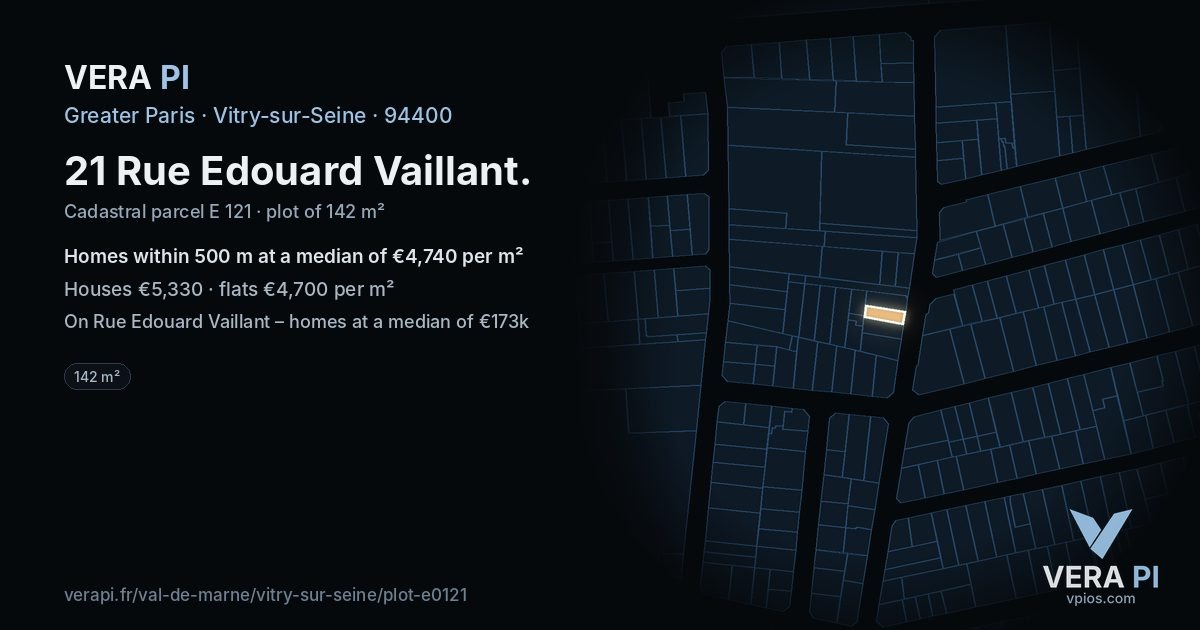 21 Rue Edouard Vaillant, Vitry-sur-Seine at night – the plot lit, the parcels around coloured by the prices near them