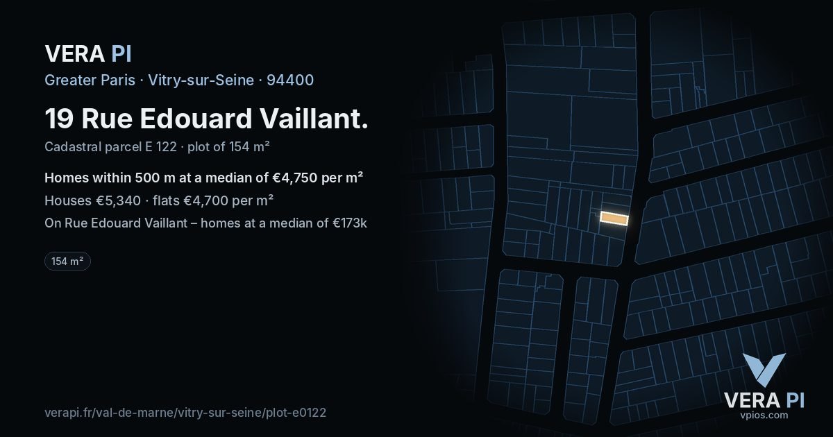 19 Rue Edouard Vaillant, Vitry-sur-Seine at night – the plot lit, the parcels around coloured by the prices near them