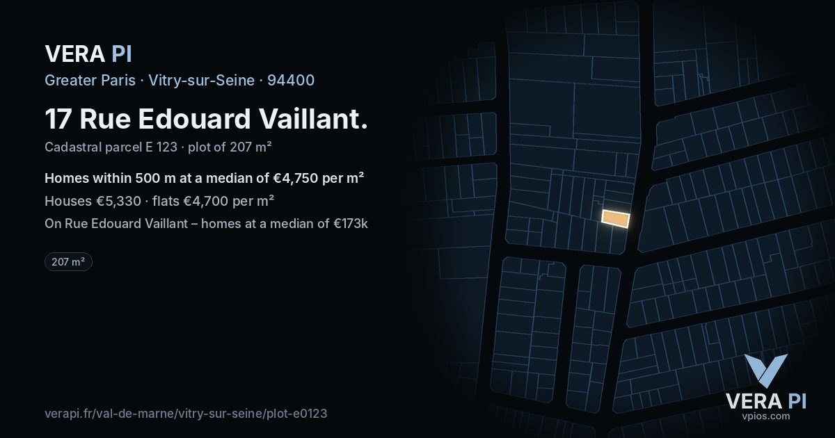 17 Rue Edouard Vaillant, Vitry-sur-Seine at night – the plot lit, the parcels around coloured by the prices near them