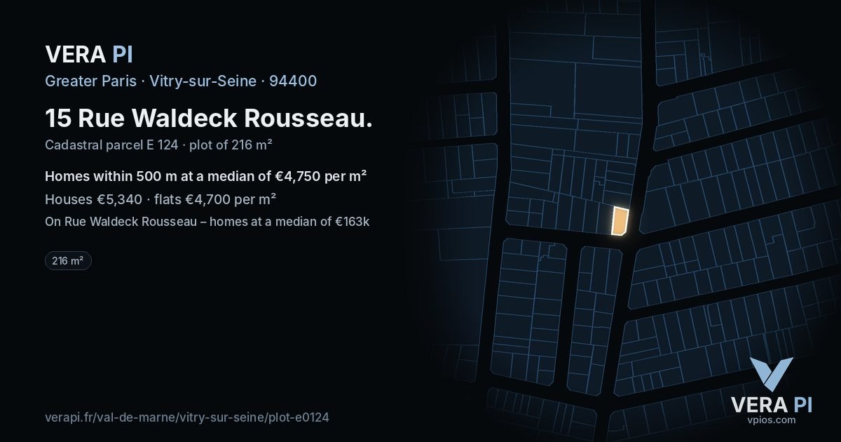 15 Rue Waldeck Rousseau, Vitry-sur-Seine at night – the plot lit, the parcels around coloured by the prices near them