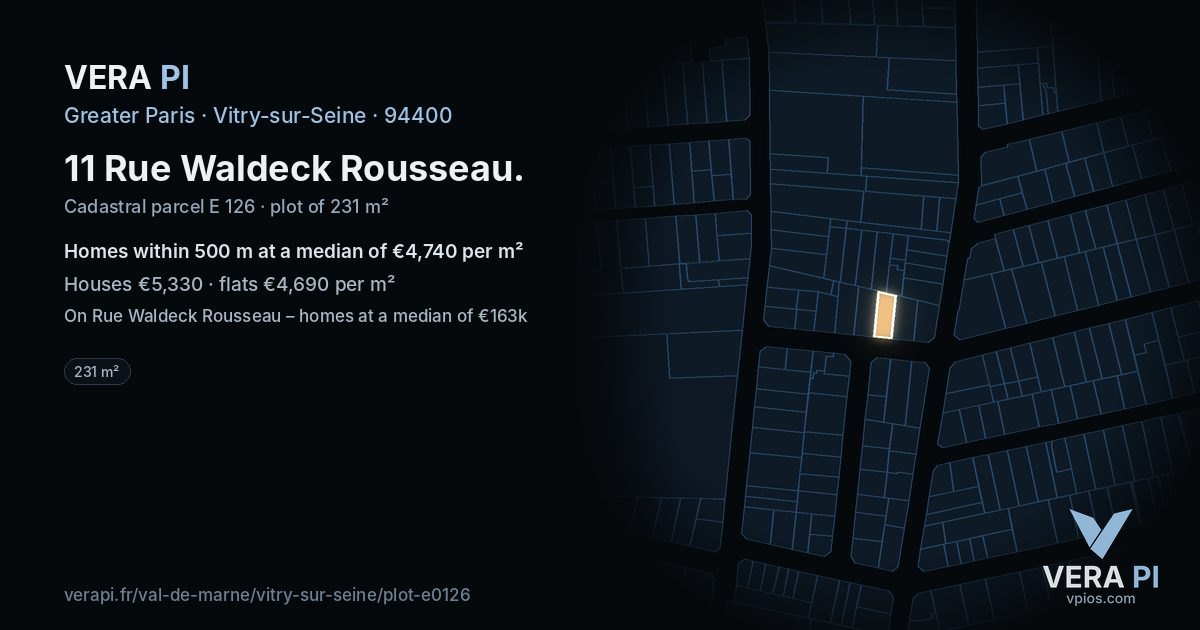 11 Rue Waldeck Rousseau, Vitry-sur-Seine at night – the plot lit, the parcels around coloured by the prices near them