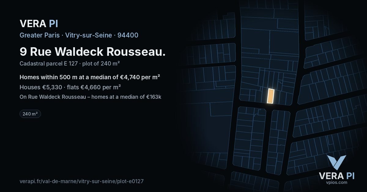9 Rue Waldeck Rousseau, Vitry-sur-Seine at night – the plot lit, the parcels around coloured by the prices near them