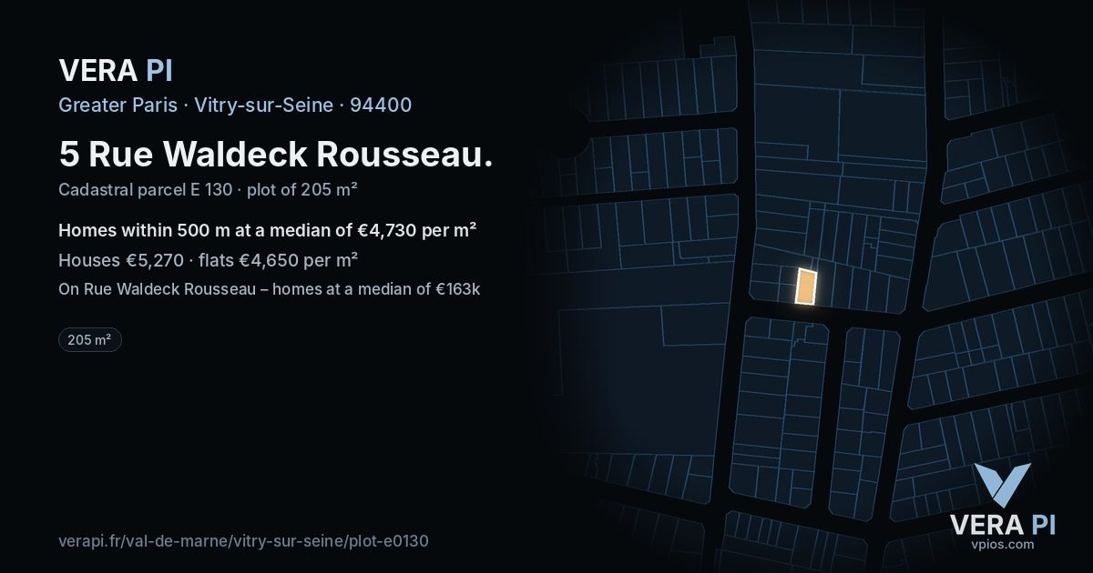 5 Rue Waldeck Rousseau, Vitry-sur-Seine at night – the plot lit, the parcels around coloured by the prices near them
