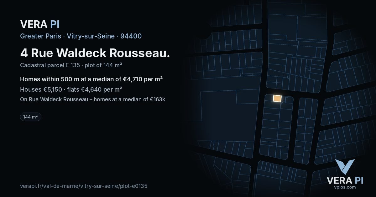 4 Rue Waldeck Rousseau, Vitry-sur-Seine at night – the plot lit, the parcels around coloured by the prices near them