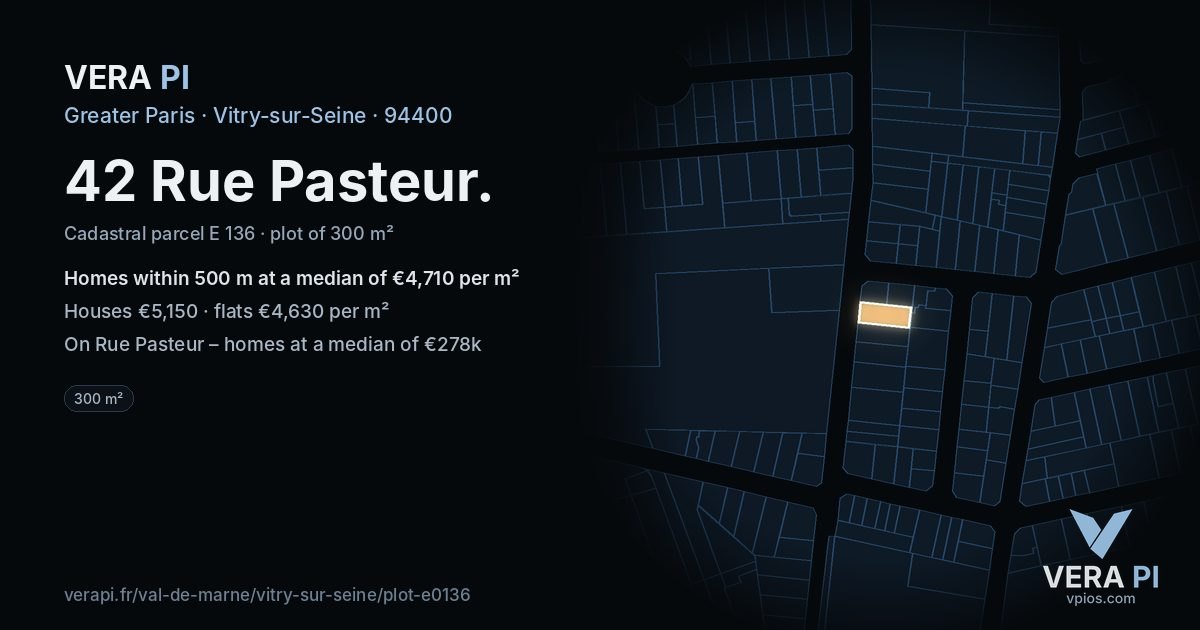 42 Rue Pasteur, Vitry-sur-Seine at night – the plot lit, the parcels around coloured by the prices near them