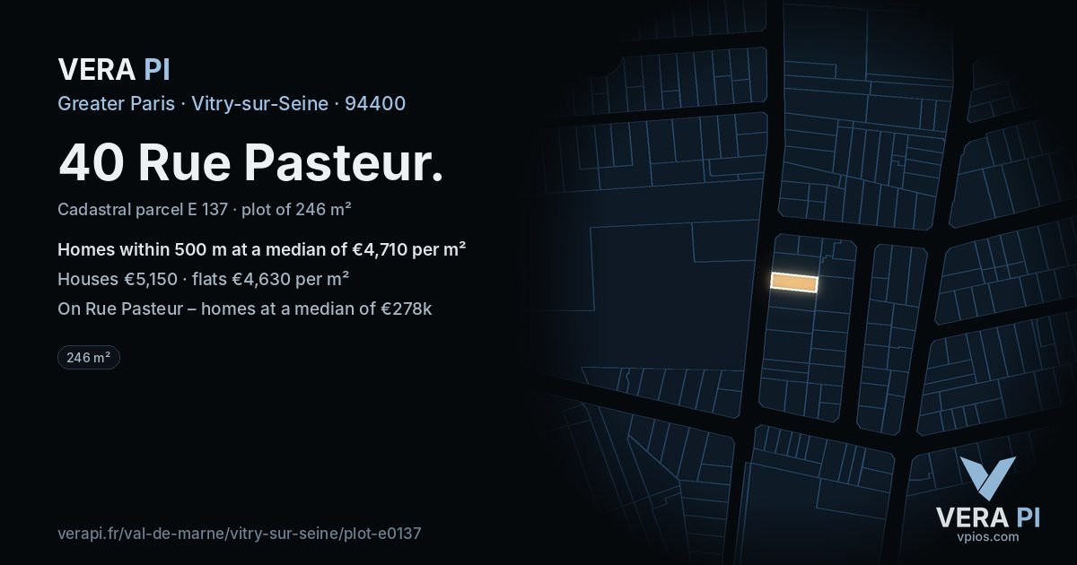 40 Rue Pasteur, Vitry-sur-Seine at night – the plot lit, the parcels around coloured by the prices near them