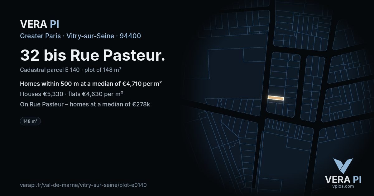 32 bis Rue Pasteur, Vitry-sur-Seine at night – the plot lit, the parcels around coloured by the prices near them