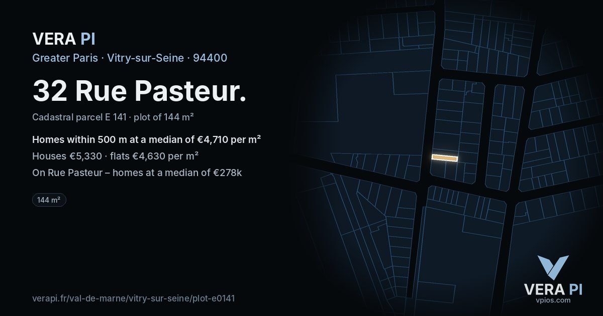 32 Rue Pasteur, Vitry-sur-Seine at night – the plot lit, the parcels around coloured by the prices near them