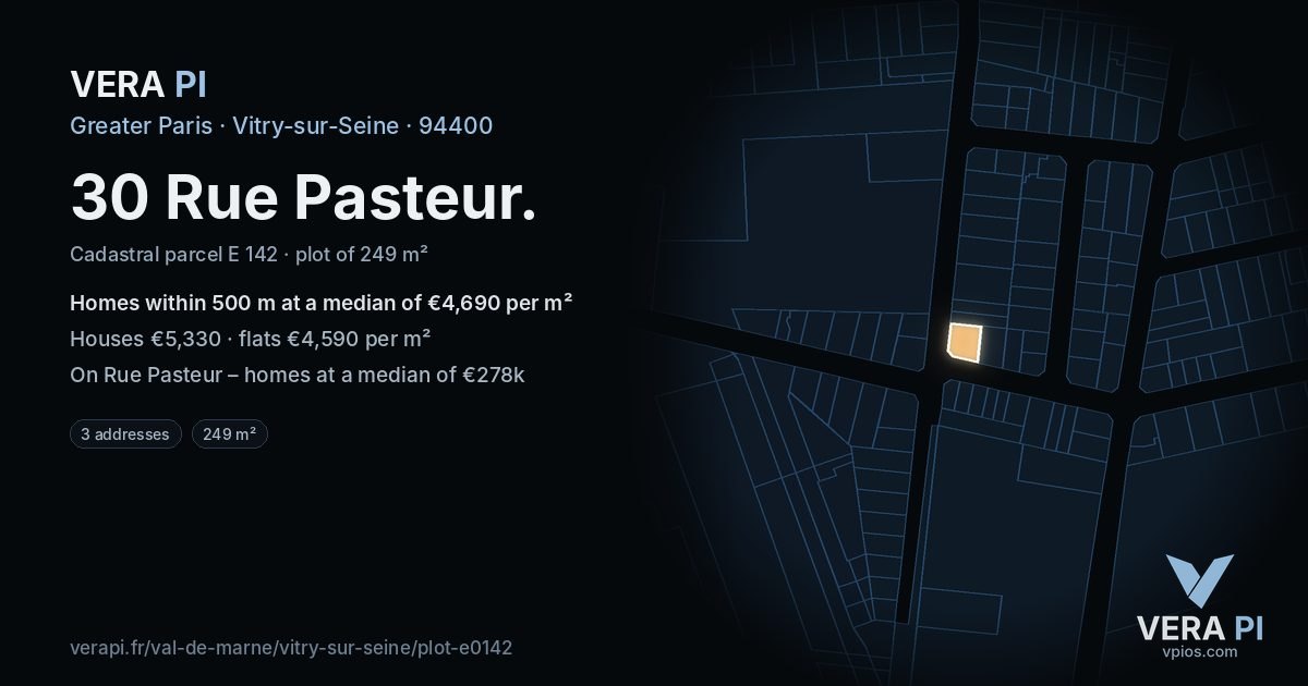 30 Rue Pasteur, Vitry-sur-Seine at night – the plot lit, the parcels around coloured by the prices near them
