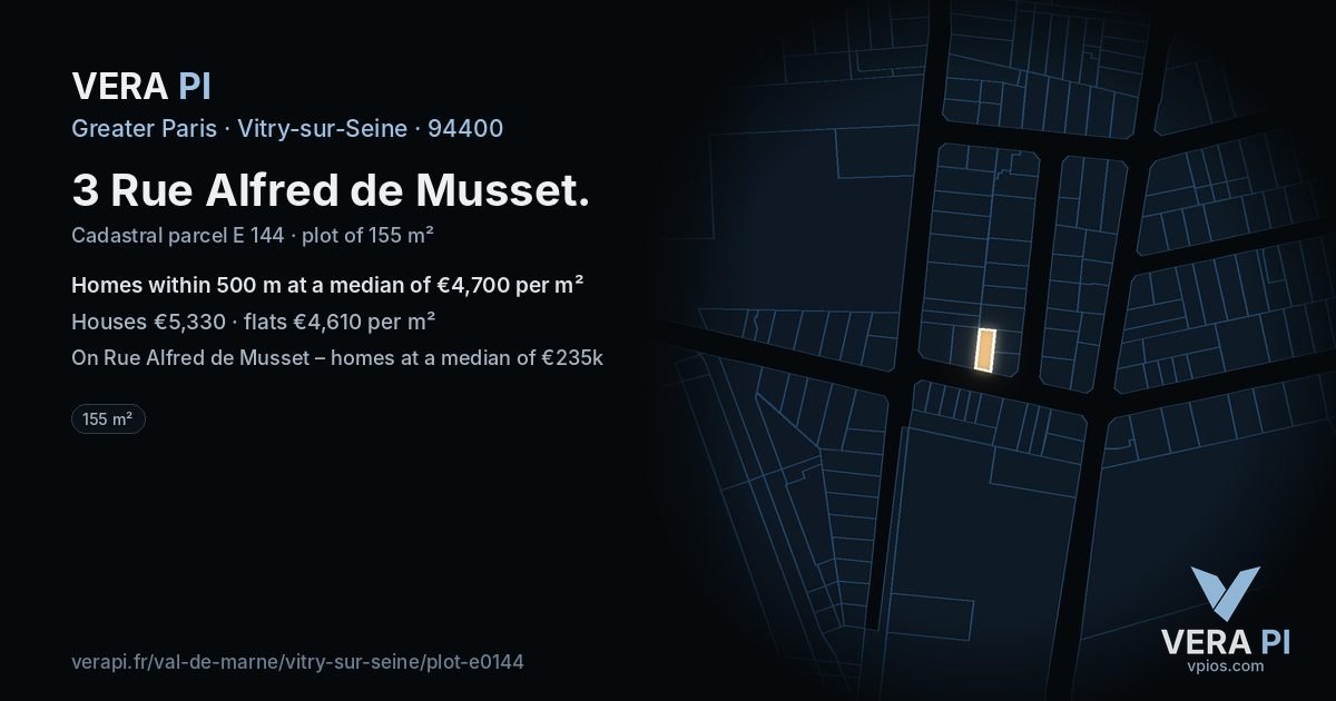 3 Rue Alfred de Musset, Vitry-sur-Seine at night – the plot lit, the parcels around coloured by the prices near them