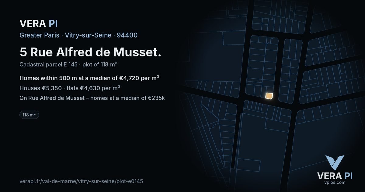 5 Rue Alfred de Musset, Vitry-sur-Seine at night – the plot lit, the parcels around coloured by the prices near them