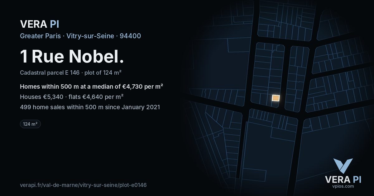 1 Rue Nobel, Vitry-sur-Seine at night – the plot lit, the parcels around coloured by the prices near them