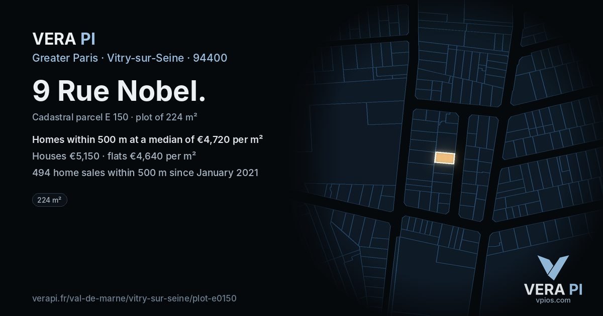 9 Rue Nobel, Vitry-sur-Seine at night – the plot lit, the parcels around coloured by the prices near them