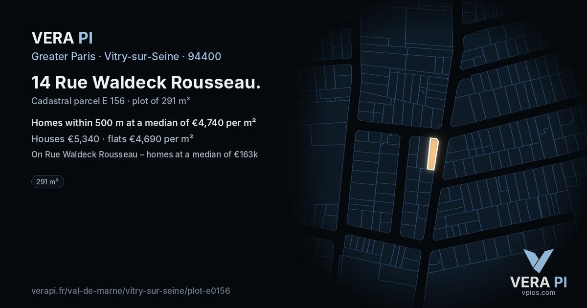 14 Rue Waldeck Rousseau, Vitry-sur-Seine at night – the plot lit, the parcels around coloured by the prices near them