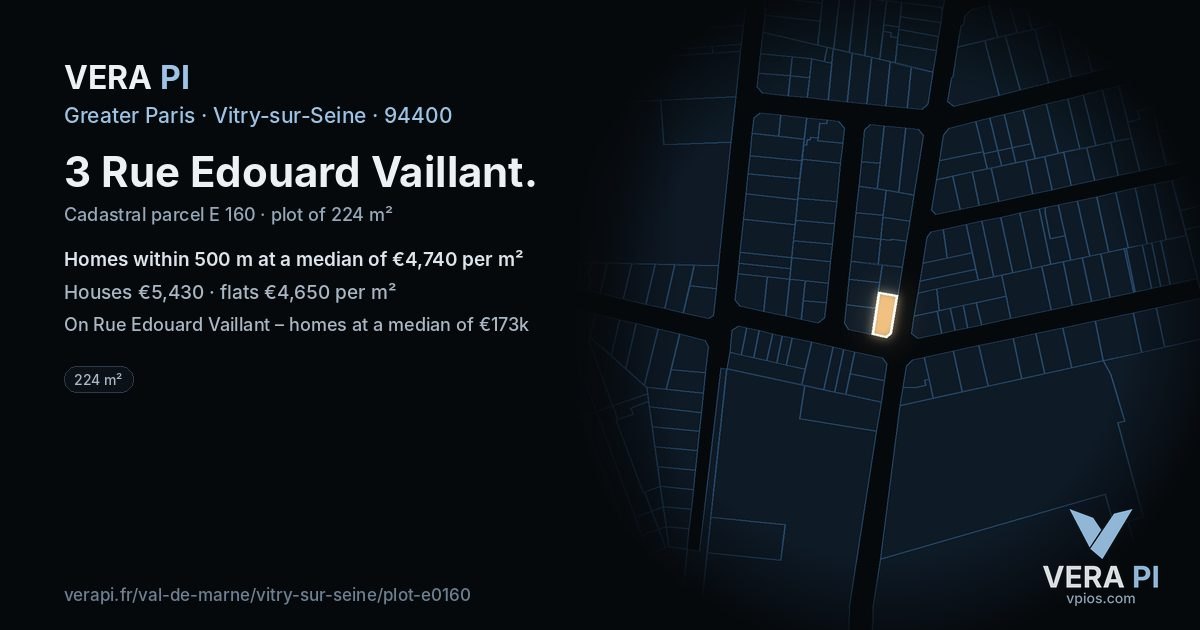 3 Rue Edouard Vaillant, Vitry-sur-Seine at night – the plot lit, the parcels around coloured by the prices near them