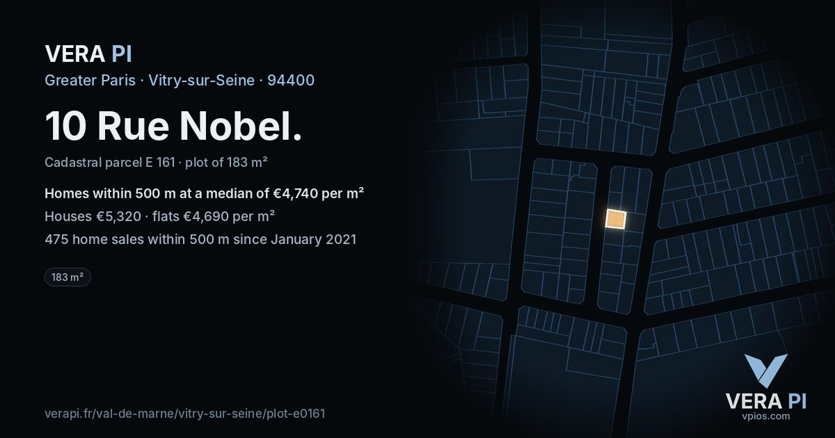 10 Rue Nobel, Vitry-sur-Seine at night – the plot lit, the parcels around coloured by the prices near them