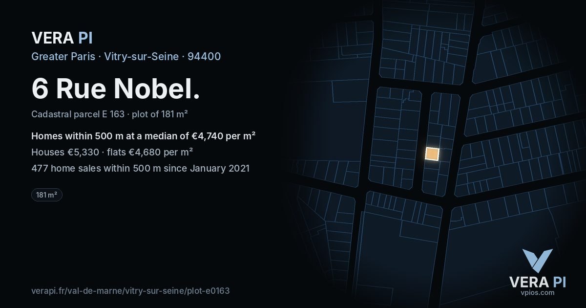 6 Rue Nobel, Vitry-sur-Seine at night – the plot lit, the parcels around coloured by the prices near them
