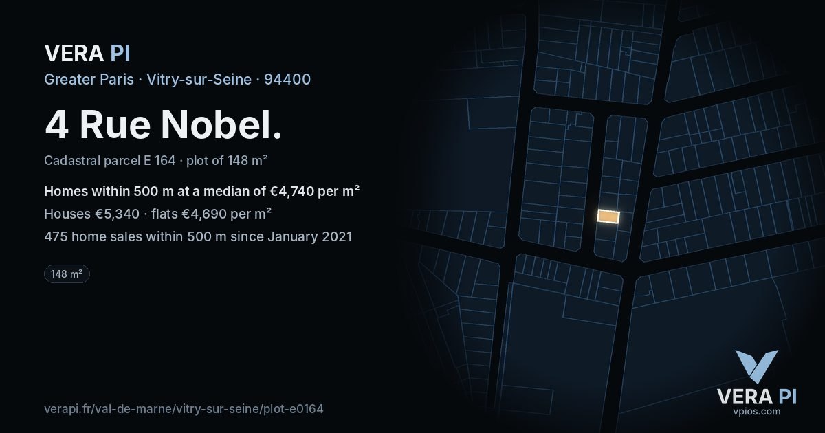 4 Rue Nobel, Vitry-sur-Seine at night – the plot lit, the parcels around coloured by the prices near them