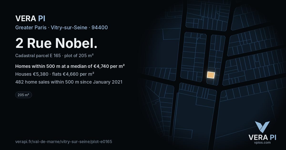 2 Rue Nobel, Vitry-sur-Seine at night – the plot lit, the parcels around coloured by the prices near them