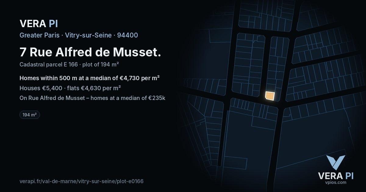 7 Rue Alfred de Musset, Vitry-sur-Seine at night – the plot lit, the parcels around coloured by the prices near them