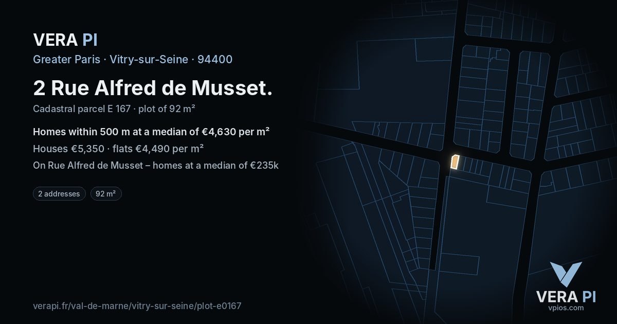 2 Rue Alfred de Musset, Vitry-sur-Seine at night – the plot lit, the parcels around coloured by the prices near them