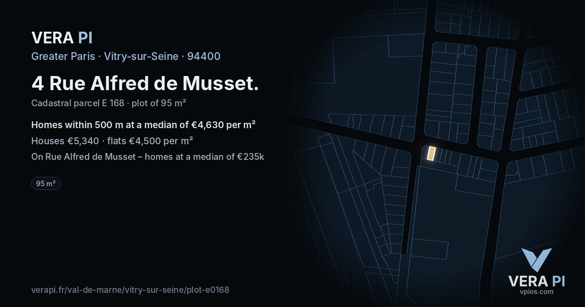 4 Rue Alfred de Musset, Vitry-sur-Seine at night – the plot lit, the parcels around coloured by the prices near them