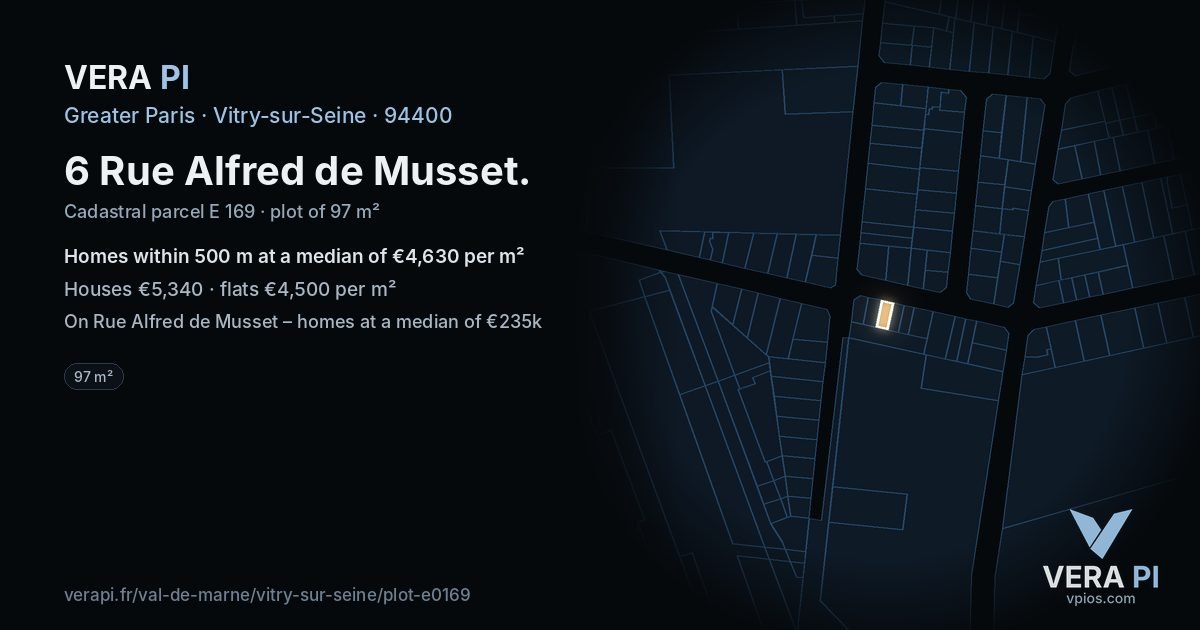 6 Rue Alfred de Musset, Vitry-sur-Seine at night – the plot lit, the parcels around coloured by the prices near them