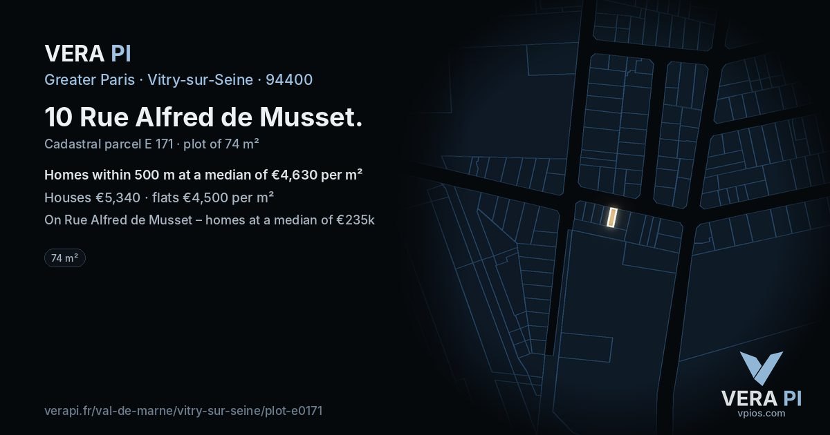 10 Rue Alfred de Musset, Vitry-sur-Seine at night – the plot lit, the parcels around coloured by the prices near them