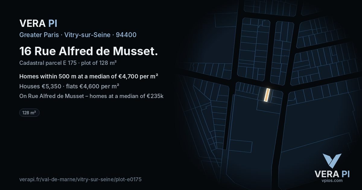 16 Rue Alfred de Musset, Vitry-sur-Seine at night – the plot lit, the parcels around coloured by the prices near them