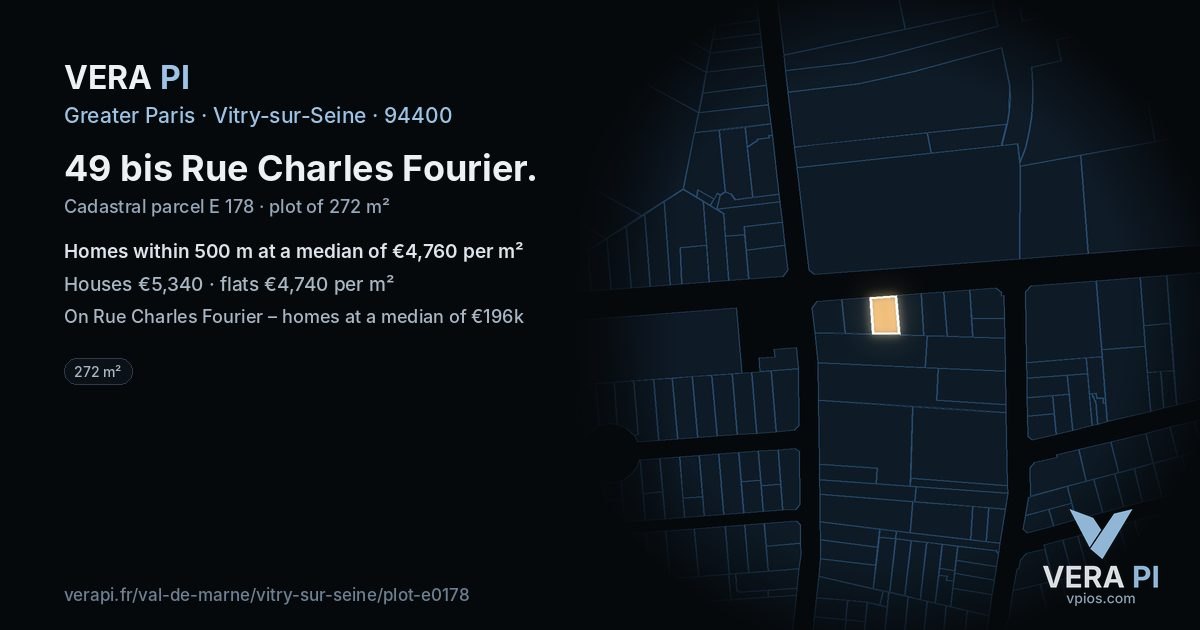 49 bis Rue Charles Fourier, Vitry-sur-Seine at night – the plot lit, the parcels around coloured by the prices near them
