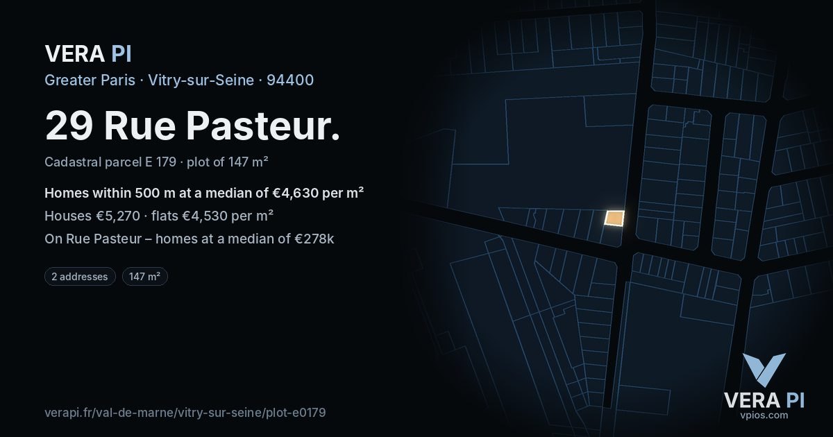 29 Rue Pasteur, Vitry-sur-Seine at night – the plot lit, the parcels around coloured by the prices near them