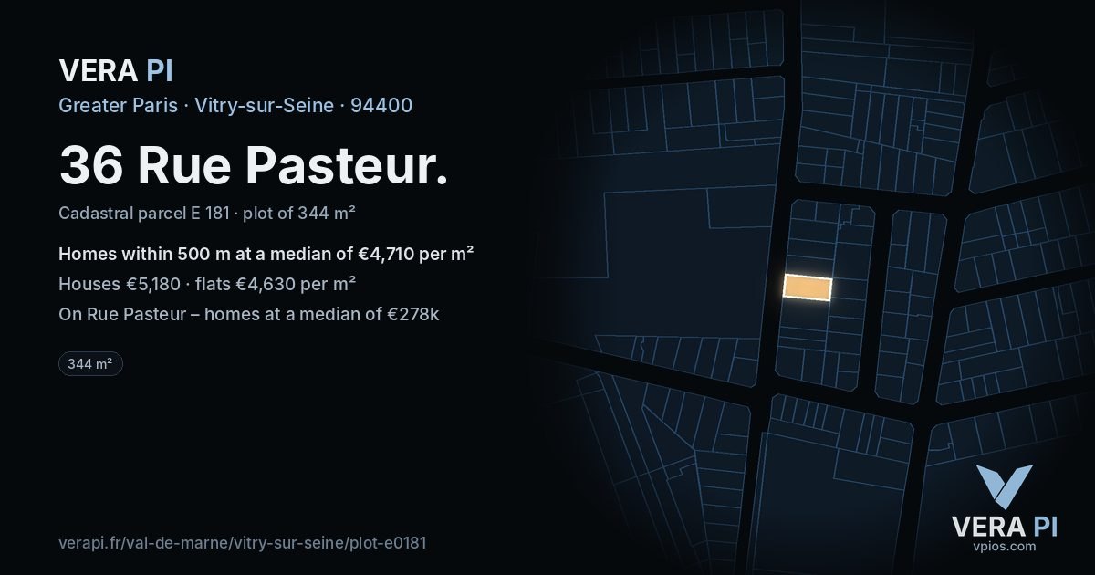 36 Rue Pasteur, Vitry-sur-Seine at night – the plot lit, the parcels around coloured by the prices near them