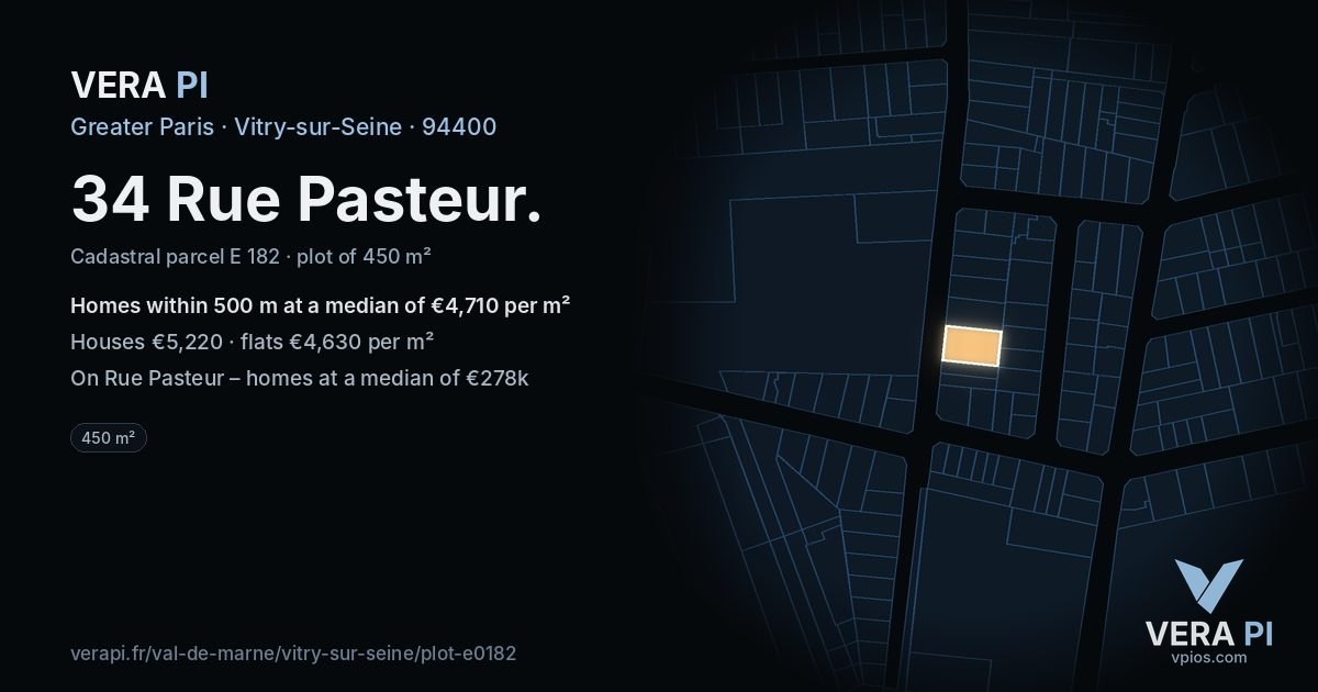 34 Rue Pasteur, Vitry-sur-Seine at night – the plot lit, the parcels around coloured by the prices near them