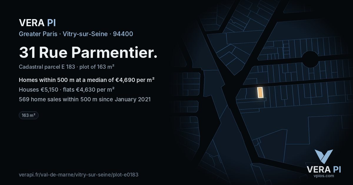 31 Rue Parmentier, Vitry-sur-Seine at night – the plot lit, the parcels around coloured by the prices near them