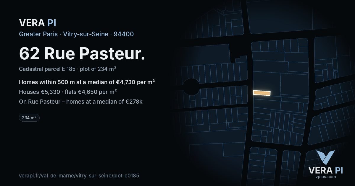 62 Rue Pasteur, Vitry-sur-Seine at night – the plot lit, the parcels around coloured by the prices near them