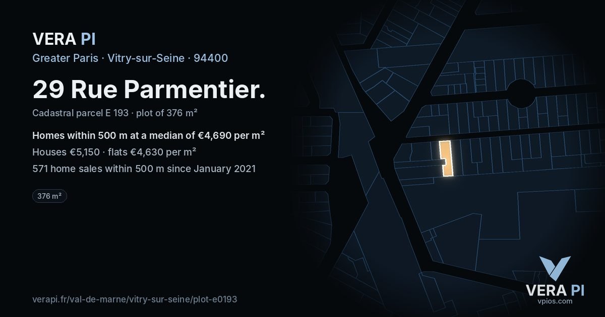 29 Rue Parmentier, Vitry-sur-Seine at night – the plot lit, the parcels around coloured by the prices near them