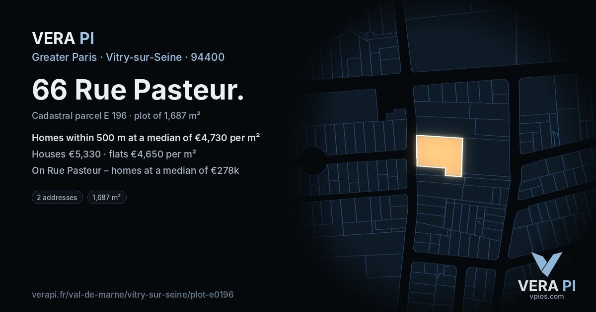 66 Rue Pasteur, Vitry-sur-Seine at night – the plot lit, the parcels around coloured by the prices near them