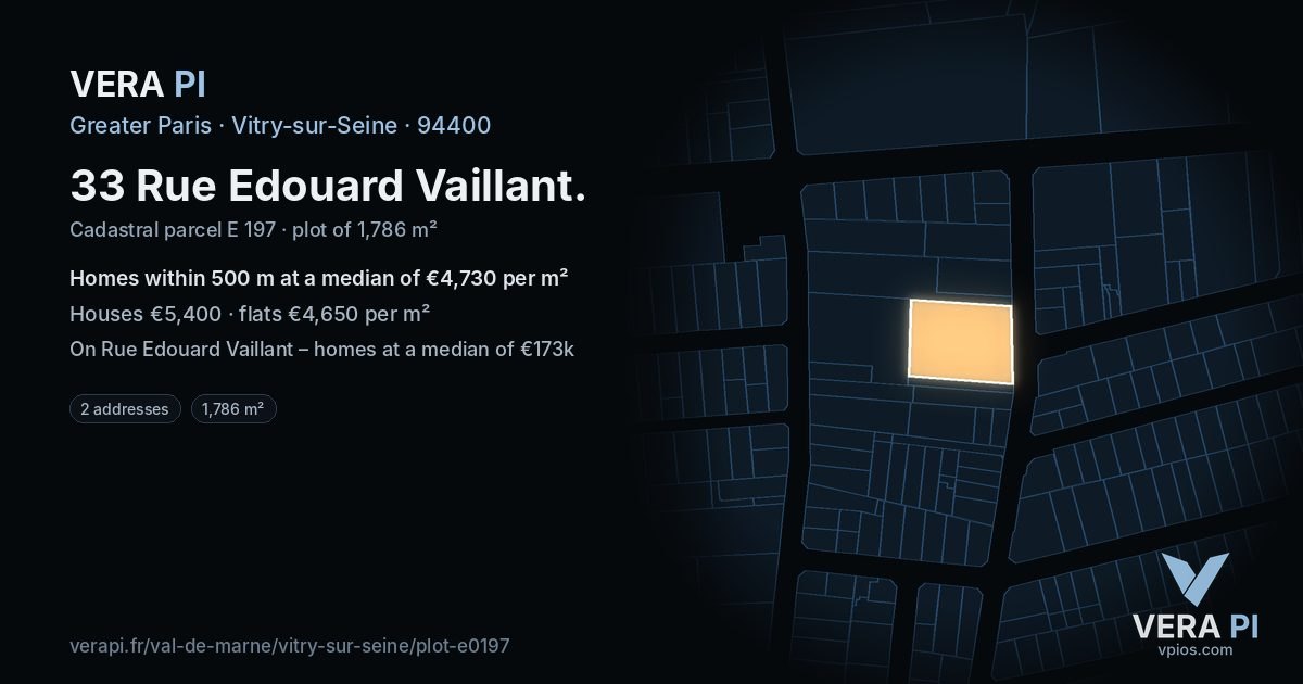 33 Rue Edouard Vaillant, Vitry-sur-Seine at night – the plot lit, the parcels around coloured by the prices near them