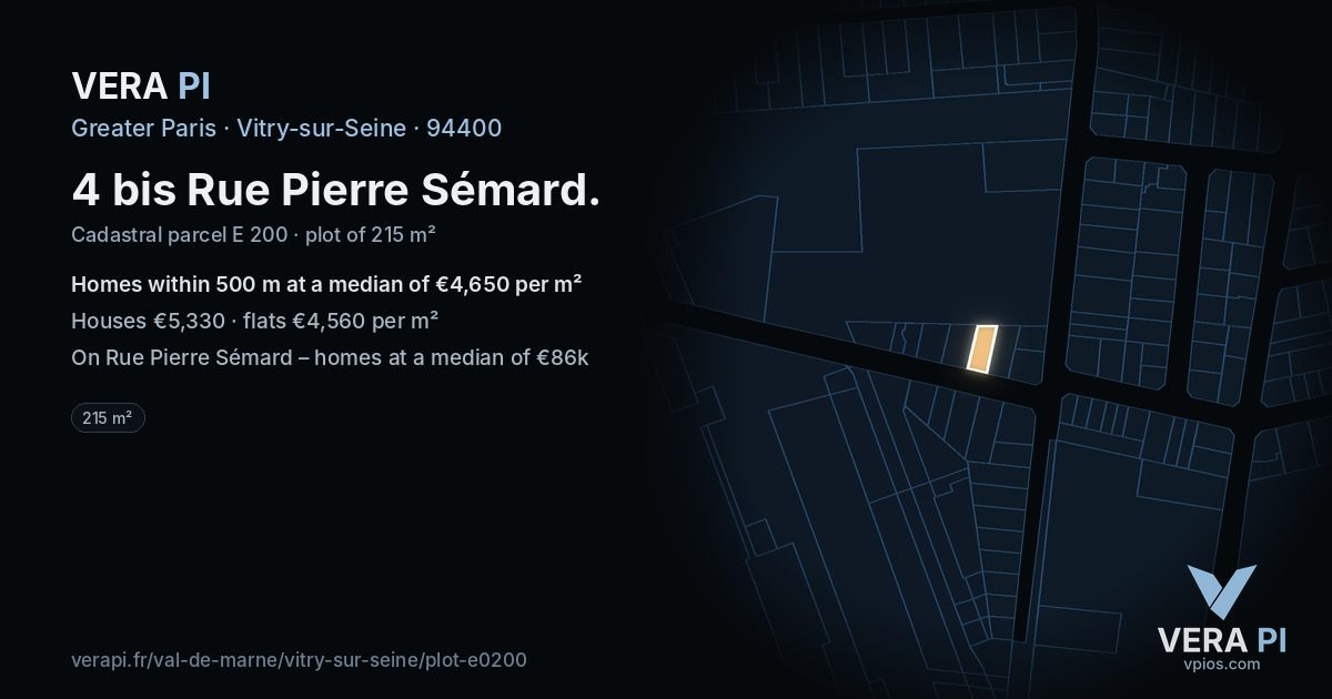 4 bis Rue Pierre Sémard, Vitry-sur-Seine at night – the plot lit, the parcels around coloured by the prices near them